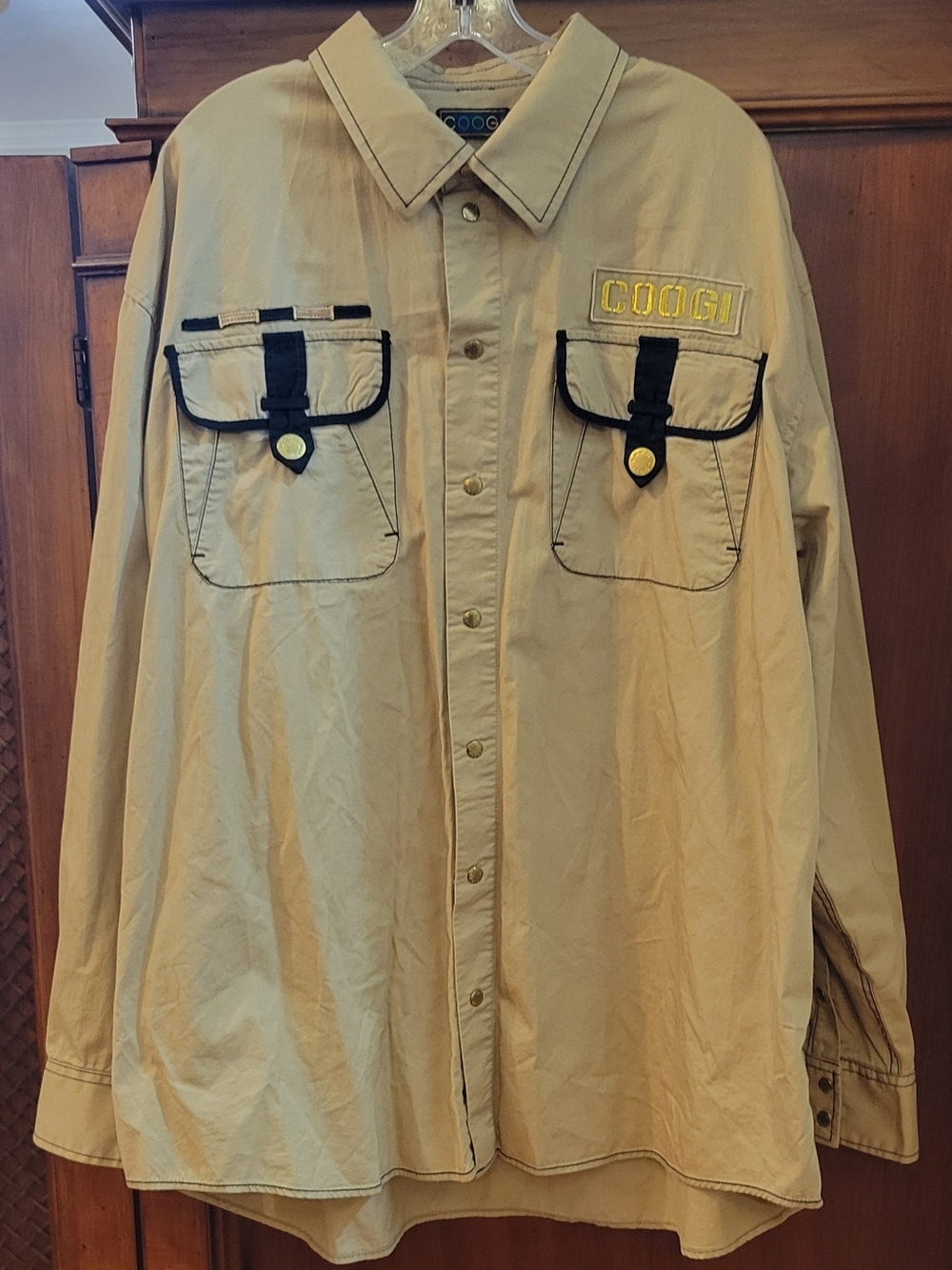 COOGI | Tan Utility Military Uniform Patches Snap Front Long Sleeve Shirt - 3XL
